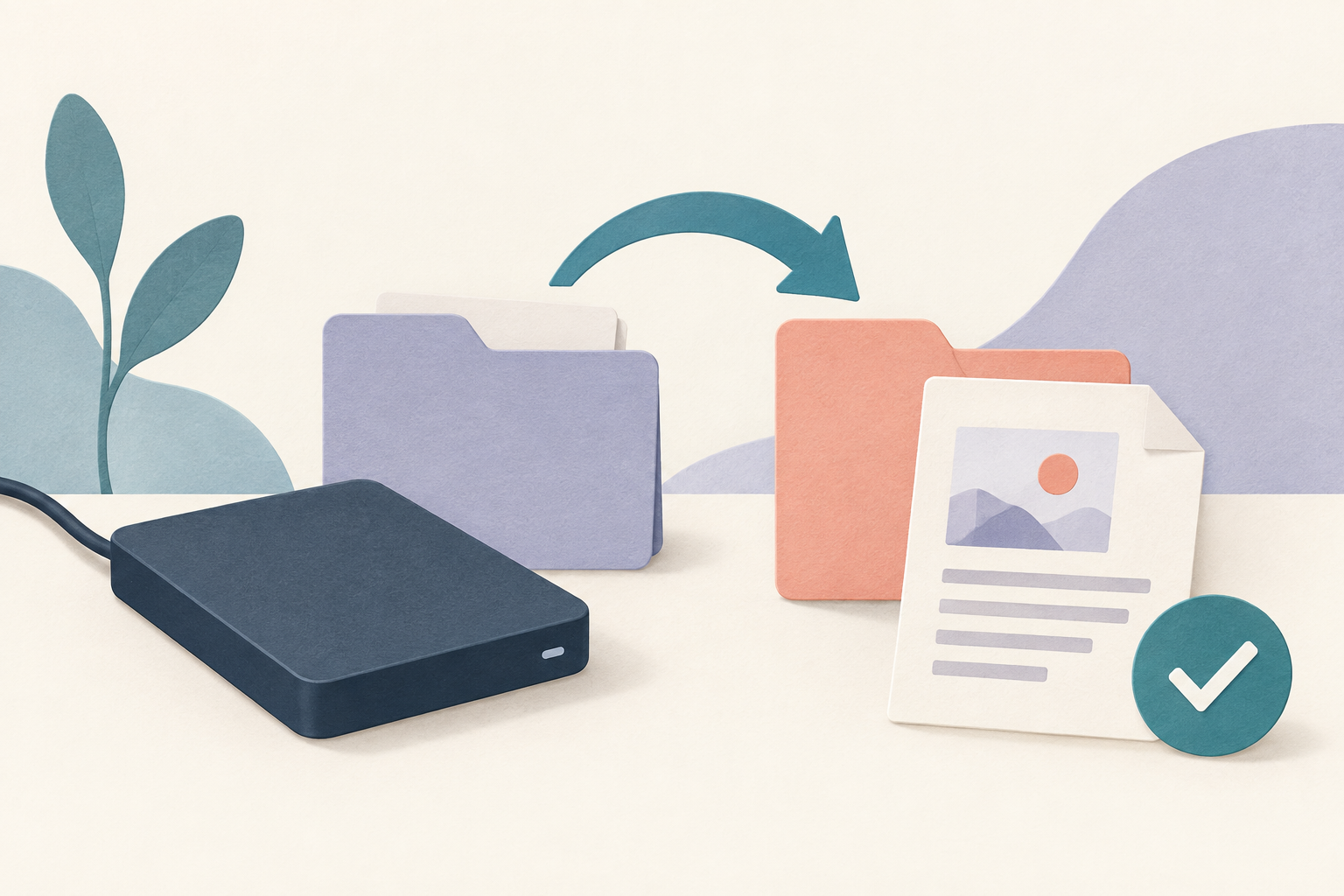 External drive and folders illustrating a checked recovery copy
