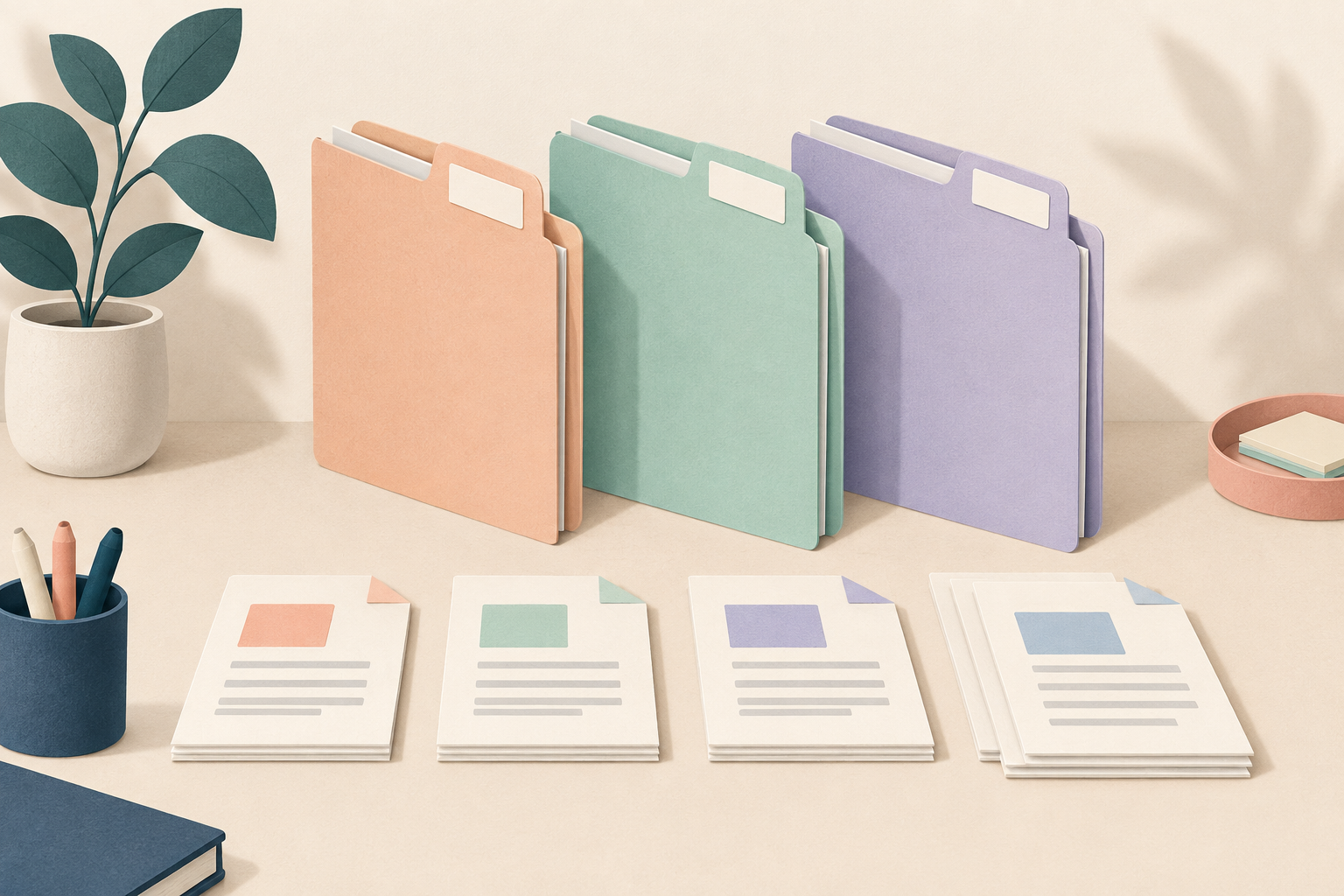 Three pastel folders and documents arranged in a clear sequence