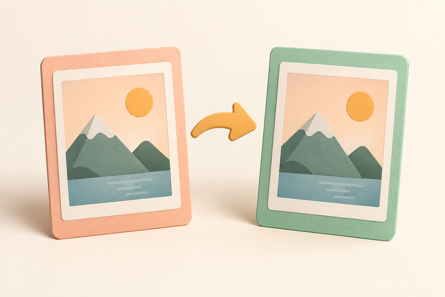 Two photo cards with a conversion arrow between an original image and an exported copy